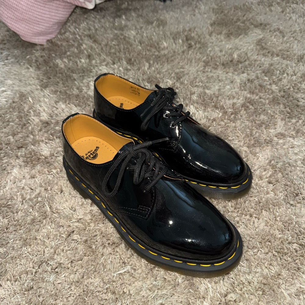 Dr. Martens Glossy Black Oxfords with Yellow Stitching